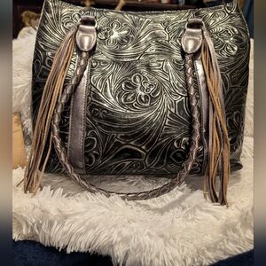 NWOT Patricia Nash Silver & Black Large Tooled Leather Tasseled Tote Bag